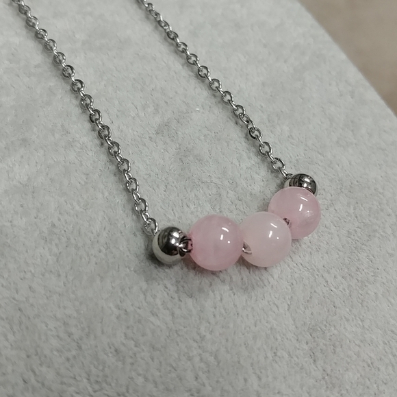 Rose Quartz Three Bead Necklace Natural Gemstone Crystal Stainless-Steel Chain - Picture 10 of 11